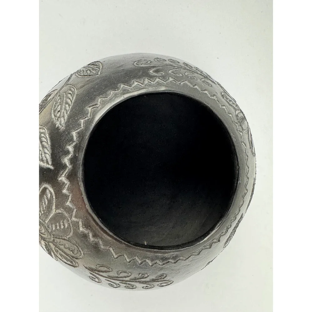 Hand Etched Black Clay Floral Pottery Vase Artisan Round Seed Pot 4 Inch